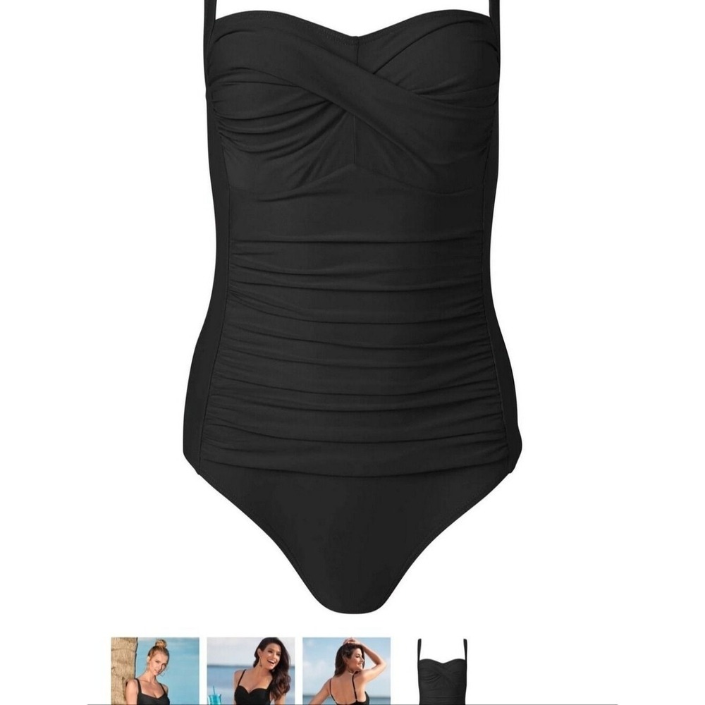 NEW Ruched Black Swimsuit  Power Mesh One Piece BRA Bathing Suit  14 Sliming $79